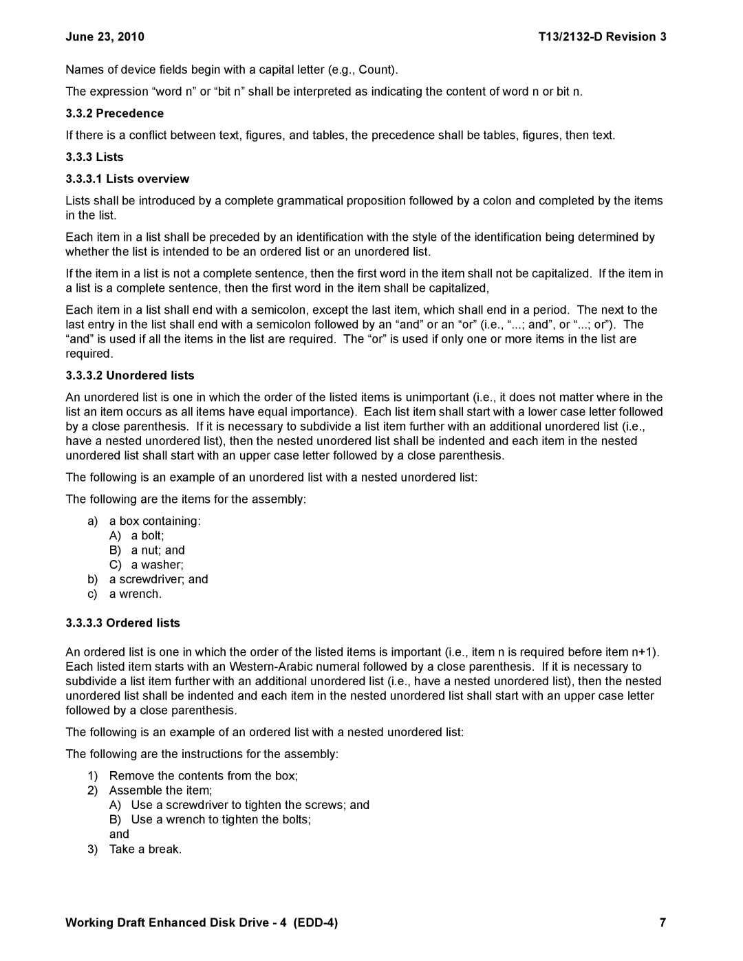 Western Digital T13/2132-D manual Precedence, Lists Lists overview, Unordered lists, Ordered lists 