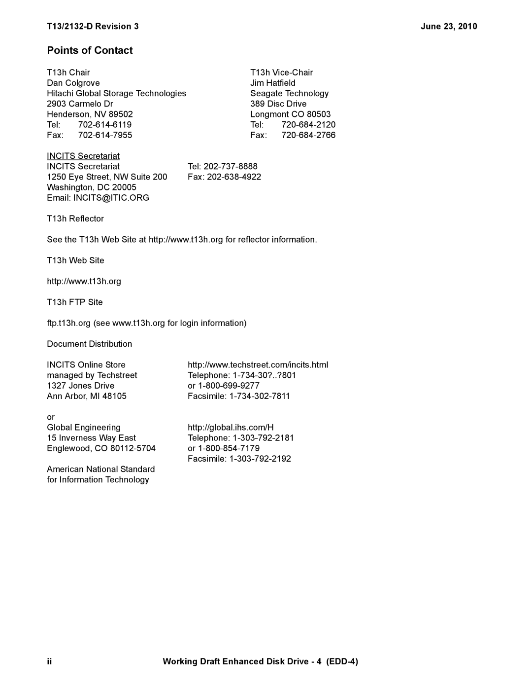 Western Digital manual Points of Contact, T13/2132-D Revision 3June 23, Working Draft Enhanced Disk Drive 4 EDD-4 