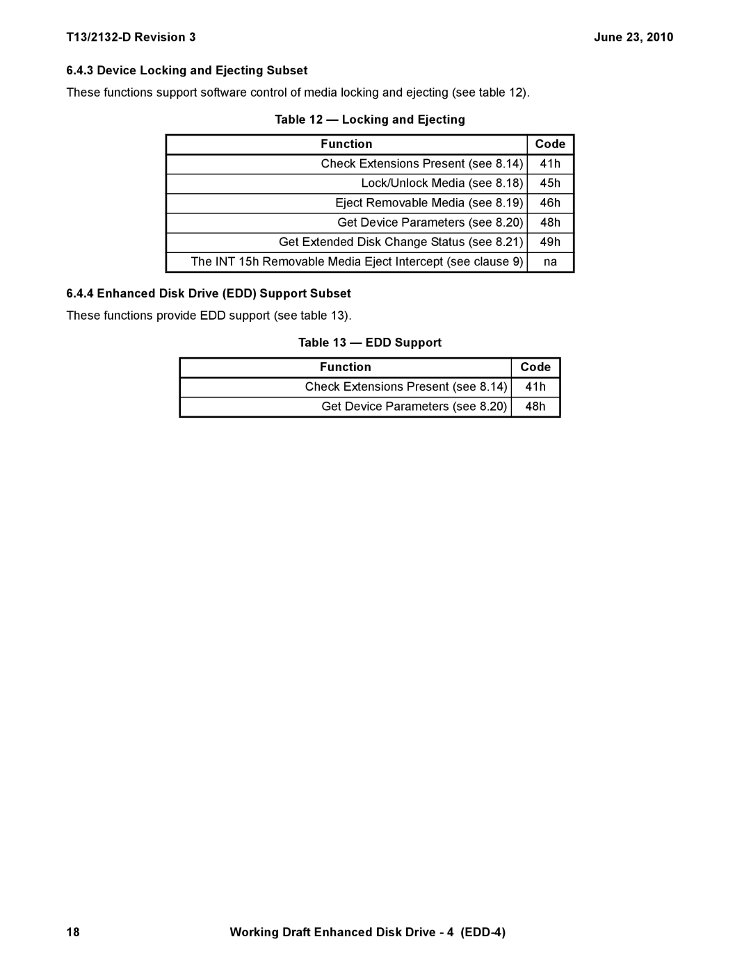 Western Digital T13/2132-D manual Locking and Ejecting Function Code, Enhanced Disk Drive EDD Support Subset 