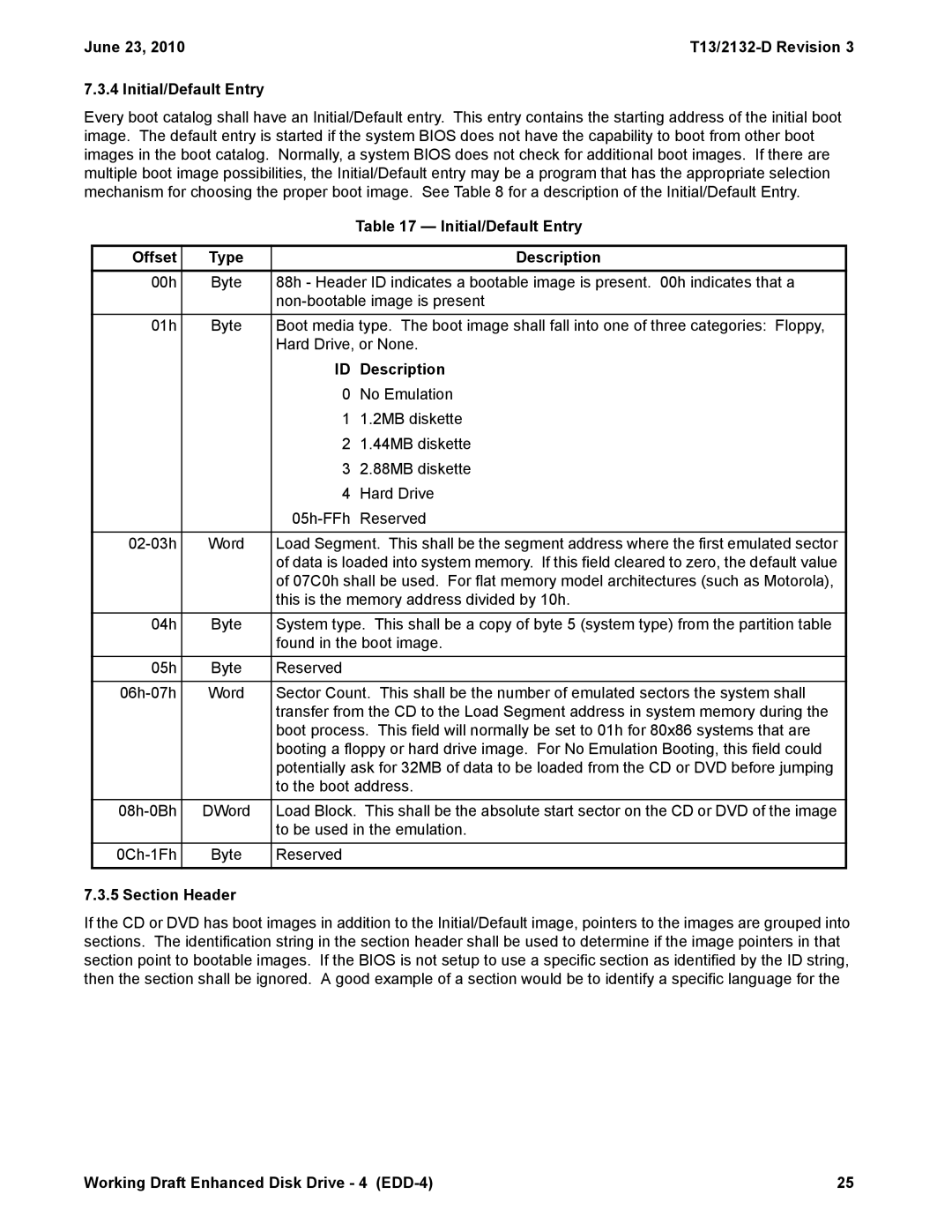 Western Digital manual June 23 T13/2132-D Revision Initial/Default Entry, Section Header 