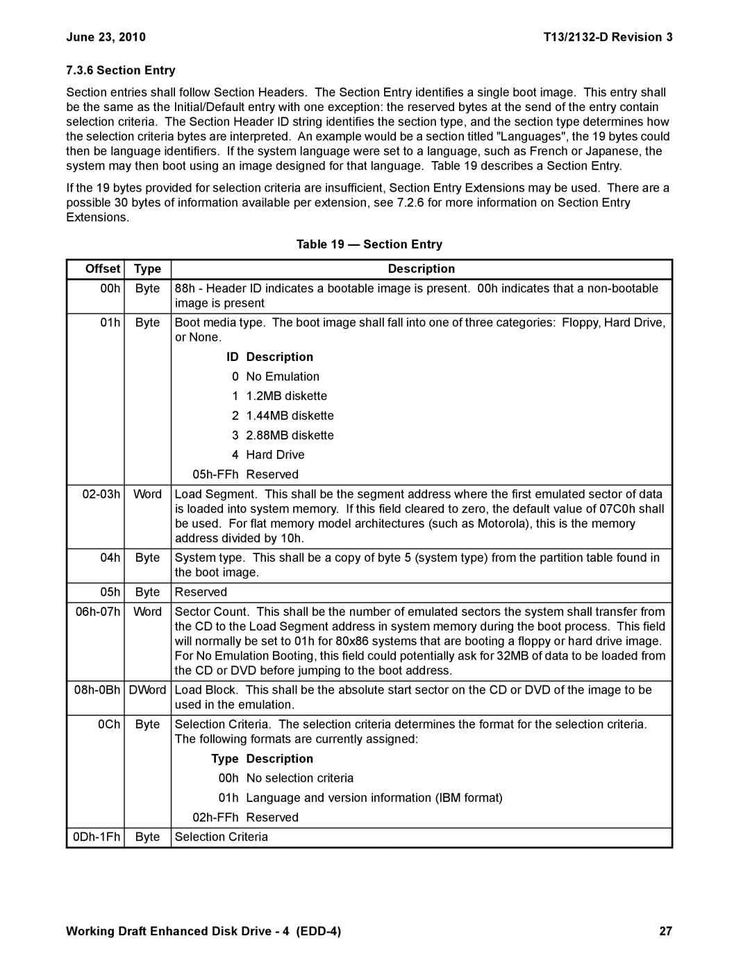 Western Digital manual June 23 T13/2132-D Revision Section Entry, Type Description 