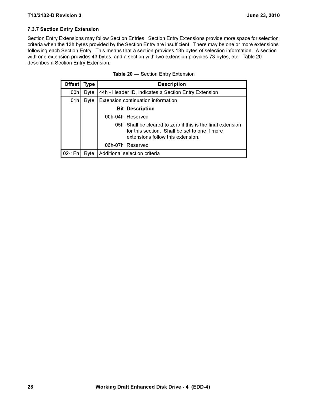 Western Digital manual T13/2132-D Revision June 23 Section Entry Extension, Bit Description 