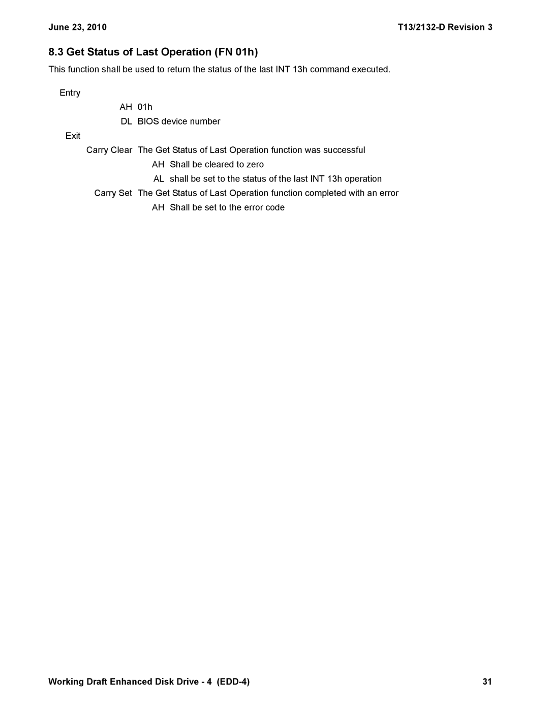 Western Digital T13/2132-D manual Get Status of Last Operation FN 01h 