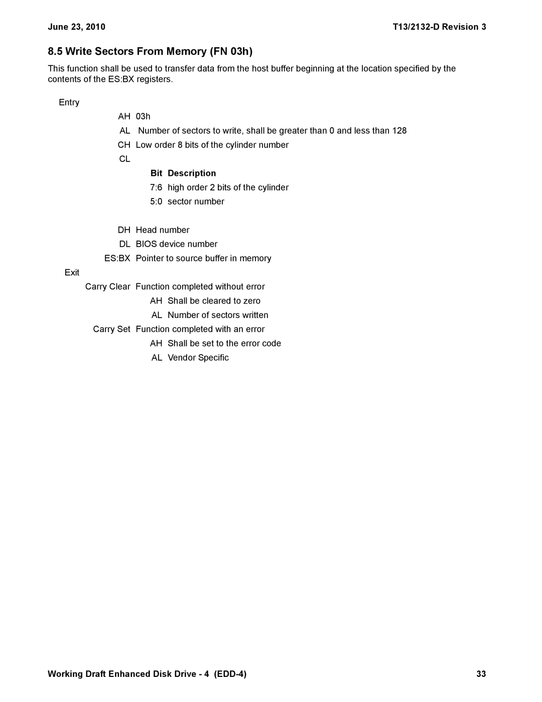 Western Digital T13/2132-D manual Write Sectors From Memory FN 03h 