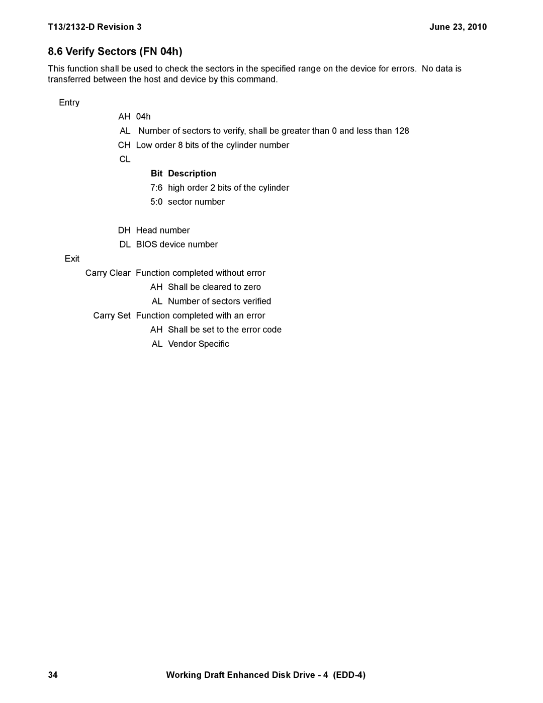 Western Digital T13/2132-D manual Verify Sectors FN 04h 