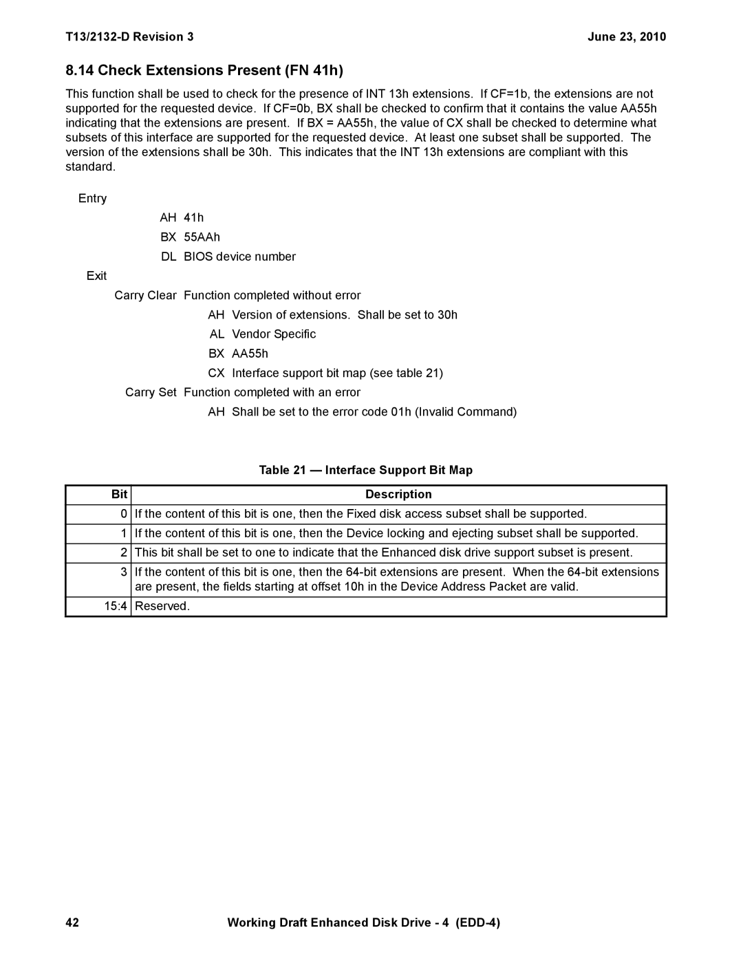 Western Digital T13/2132-D manual Check Extensions Present FN 41h, Interface Support Bit Map Description 