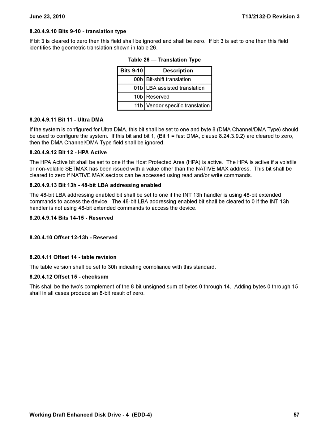 Western Digital manual June 23 T13/2132-D Revision Bits 9-10 translation type, Translation Type Bits Description 