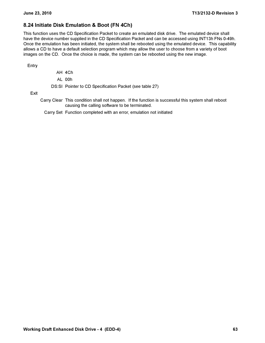 Western Digital manual Initiate Disk Emulation & Boot FN 4Ch, June 23 T13/2132-D Revision 