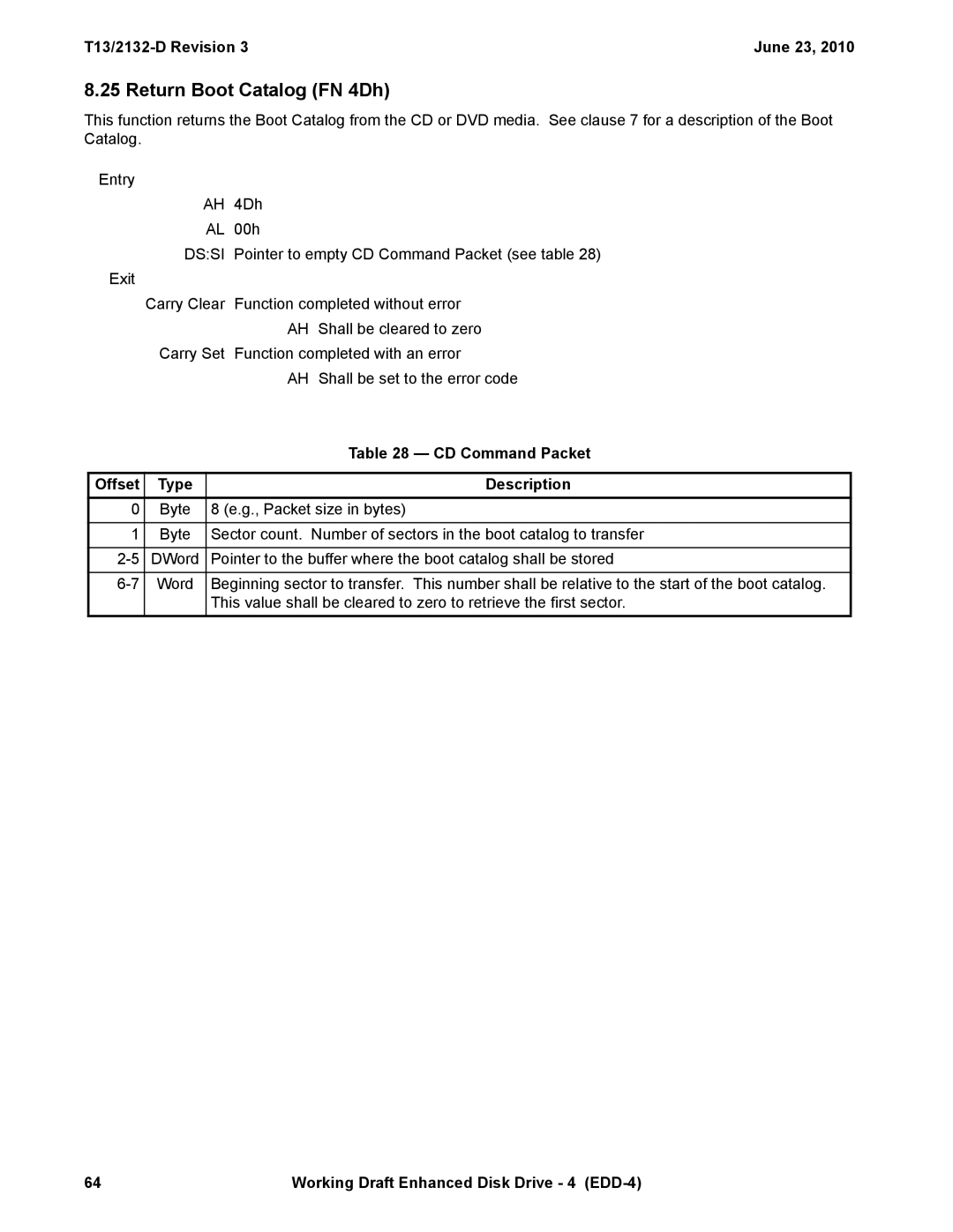 Western Digital T13/2132-D manual Return Boot Catalog FN 4Dh, CD Command Packet 