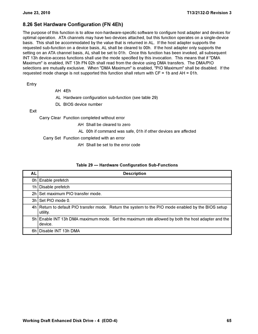 Western Digital T13/2132-D manual Set Hardware Configuration FN 4Eh, Hardware Configuration Sub-Functions 