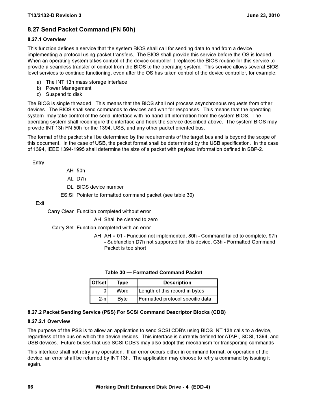 Western Digital T13/2132-D manual Send Packet Command FN 50h, Formatted Command Packet Offset Type Description 