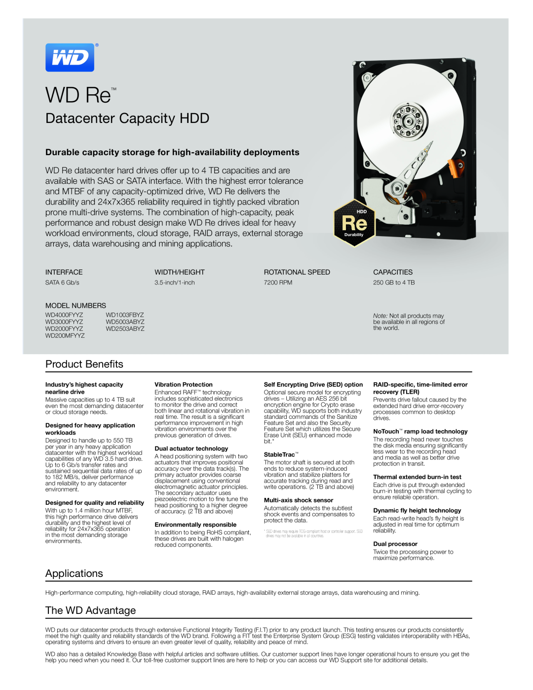 Western Digital WD4000FYYZ manual WD Re, Datacenter Capacity HDD, Product Benefits, Applications, The WD Advantage 