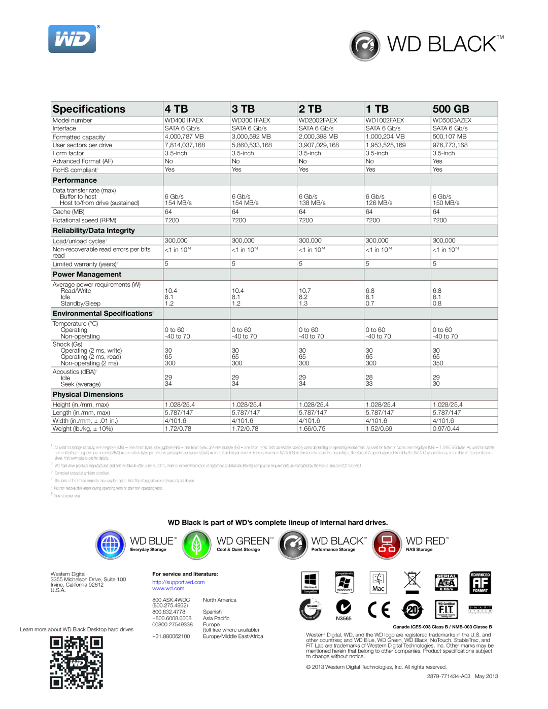 Western Digital WD2002FAEX warranty Performance, Reliability/Data Integrity, Power Management, Environmental Specifications 