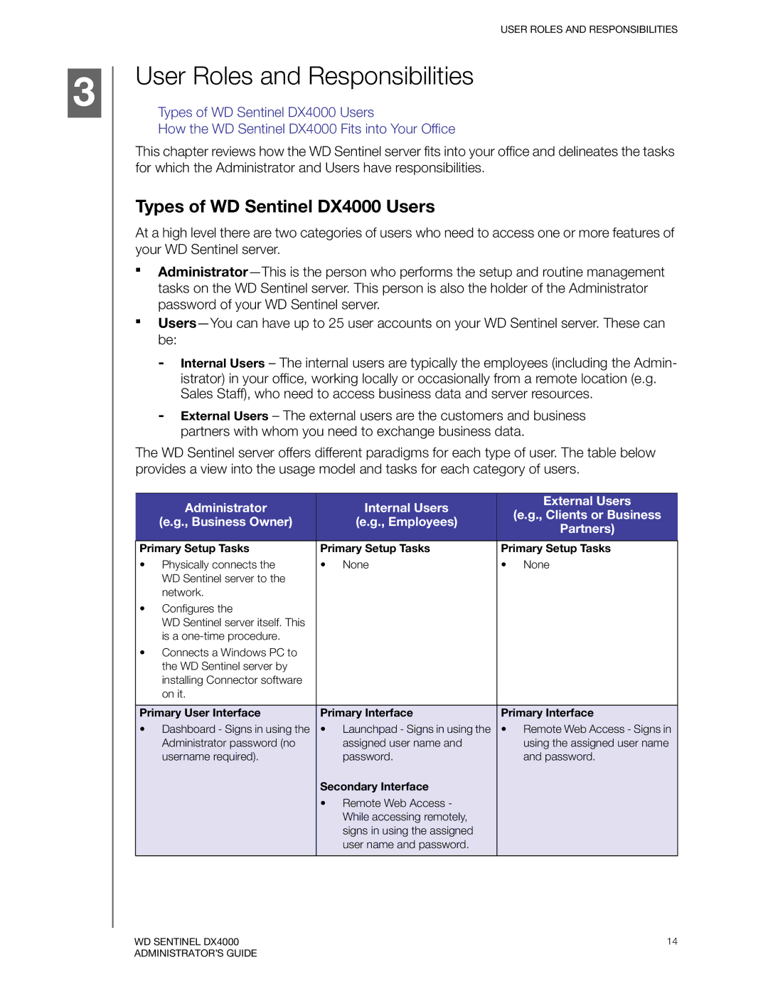 Western Digital WDBLGT0040KBK User Roles and Responsibilities, Types of WD Sentinel DX4000 Users, Primary Setup Tasks 