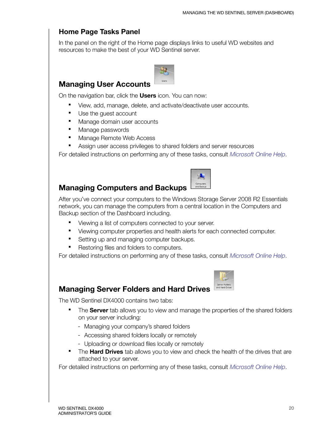 Western Digital WDBLGT0120KBK, WDBLGT0160KBK Managing User Accounts, Managing Computers and Backups, Home Page Tasks Panel 