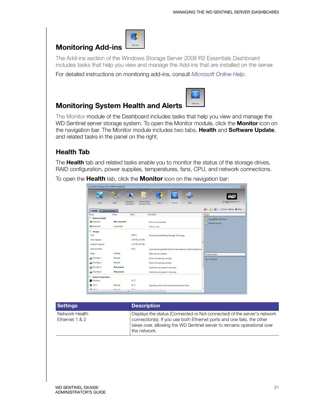 Western Digital WDBLGT0160KBK Monitoring Add-ins, Monitoring System Health and Alerts, Health Tab, Settings Description 