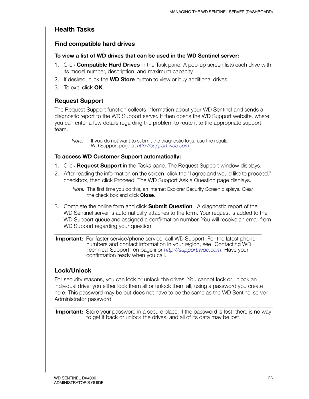 Western Digital WDBLGT0080KBK, WDBLGT0120KBK manual Health Tasks, Find compatible hard drives, Request Support, Lock/Unlock 