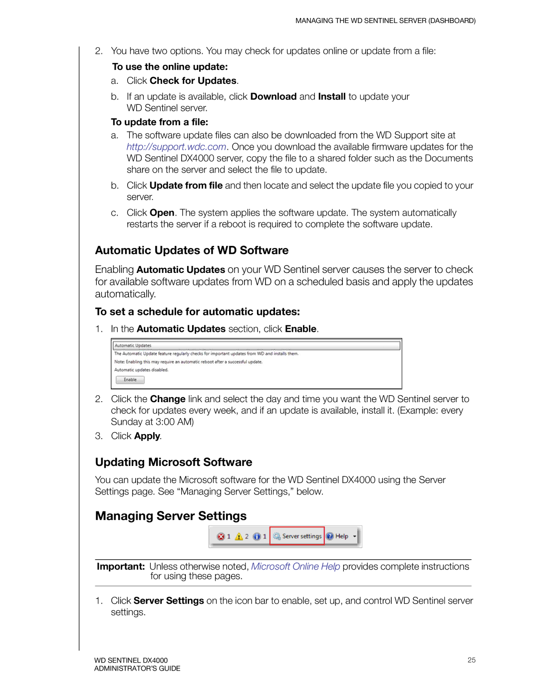 Western Digital WDBLGT0160KBK Managing Server Settings, Automatic Updates of WD Software, Updating Microsoft Software 