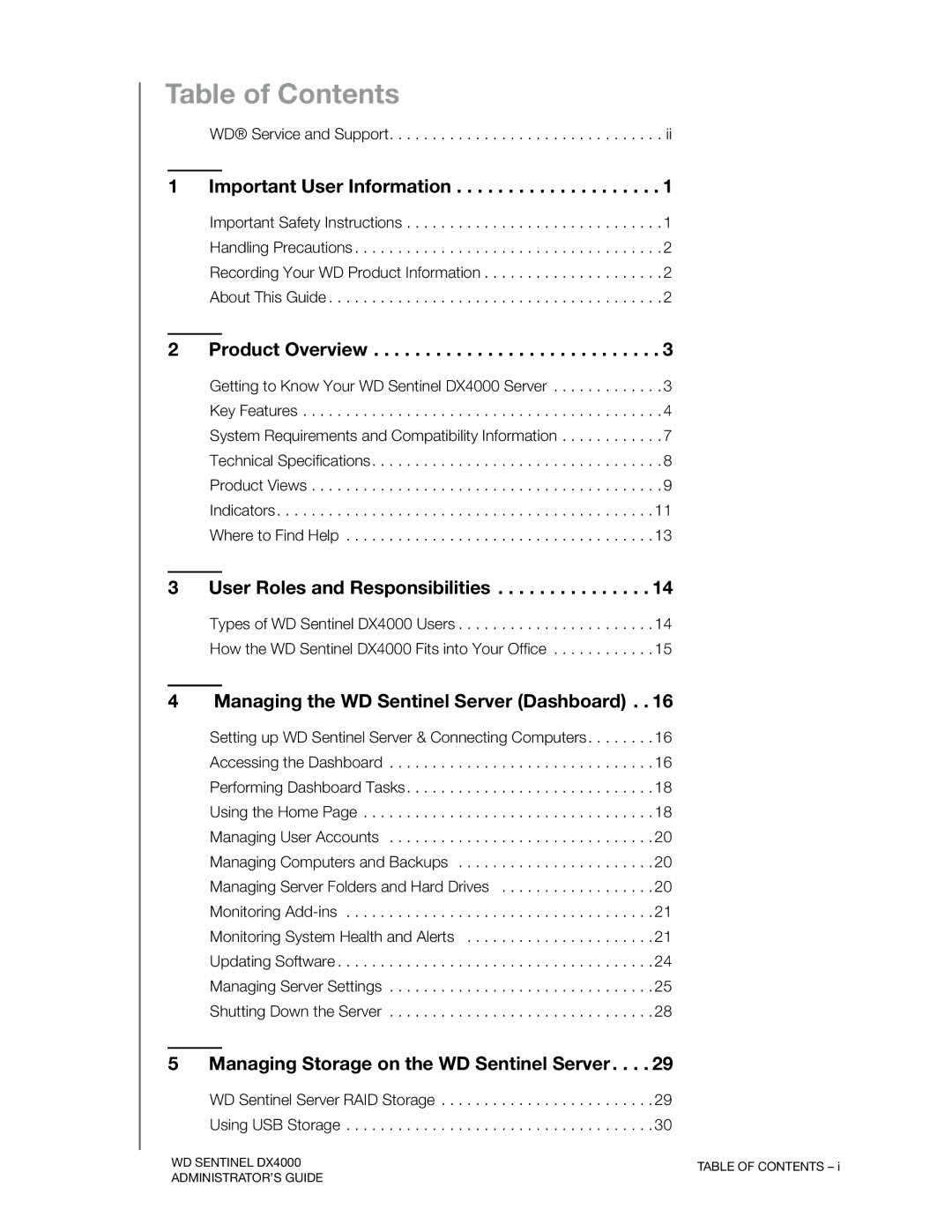 Western Digital WDBLGT0080KBK, WDBLGT0120KBK, WDBLGT0160KBK, WDBLGT0040KBK manual Table of Contents 