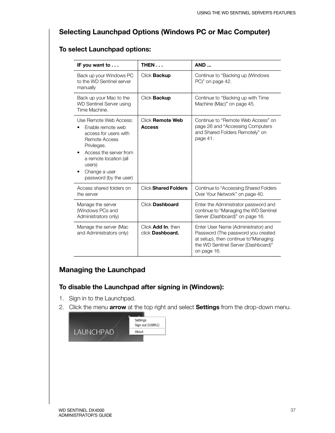 Western Digital WDBLGT0160KBK manual Selecting Launchpad Options Windows PC or Mac Computer, Managing the Launchpad 