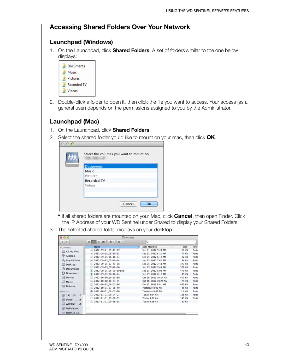 Western Digital WDBLGT0120KBK, WDBLGT0160KBK Accessing Shared Folders Over Your Network, Launchpad Windows, Launchpad Mac 