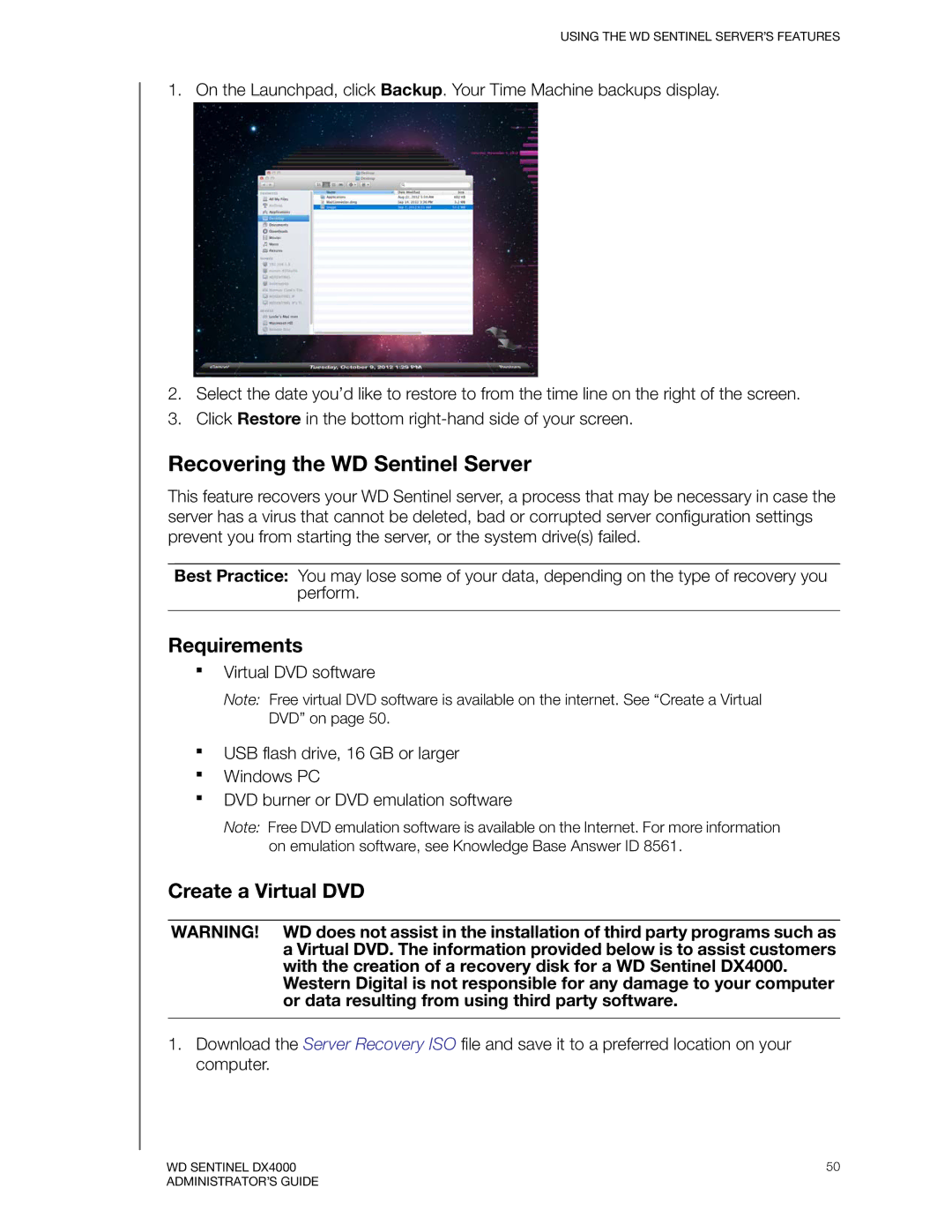 Western Digital WDBLGT0040KBK, WDBLGT0120KBK manual Recovering the WD Sentinel Server, Requirements, Create a Virtual DVD 