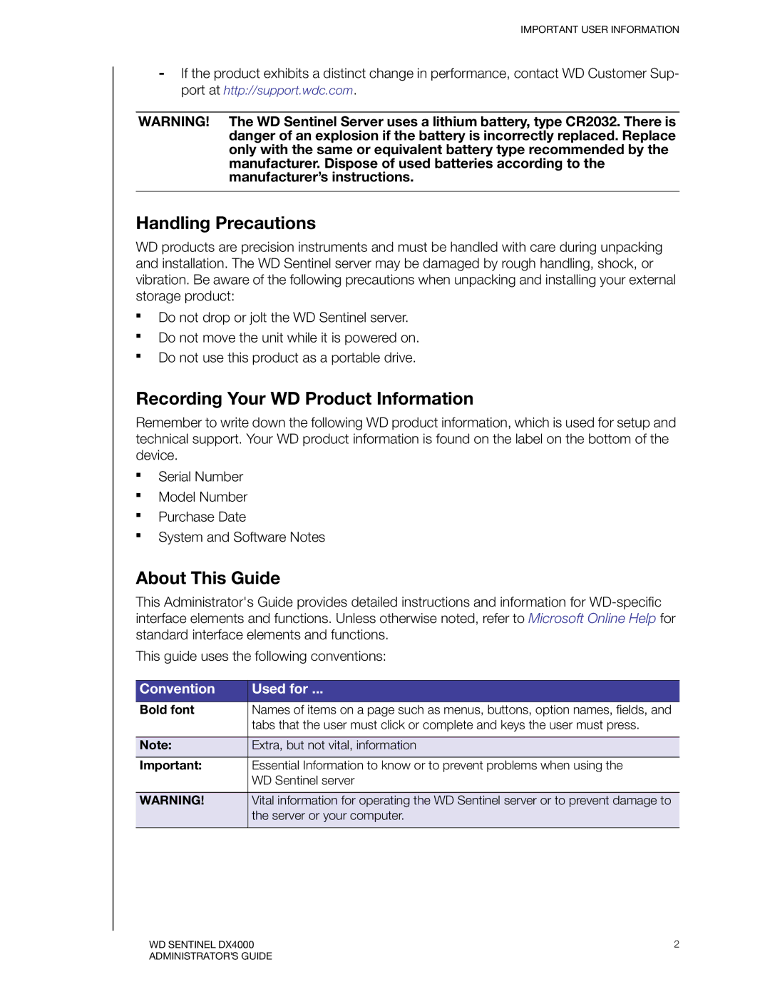 Western Digital WDBLGT0040KBK, WDBLGT0120KBK Handling Precautions, Recording Your WD Product Information, About This Guide 