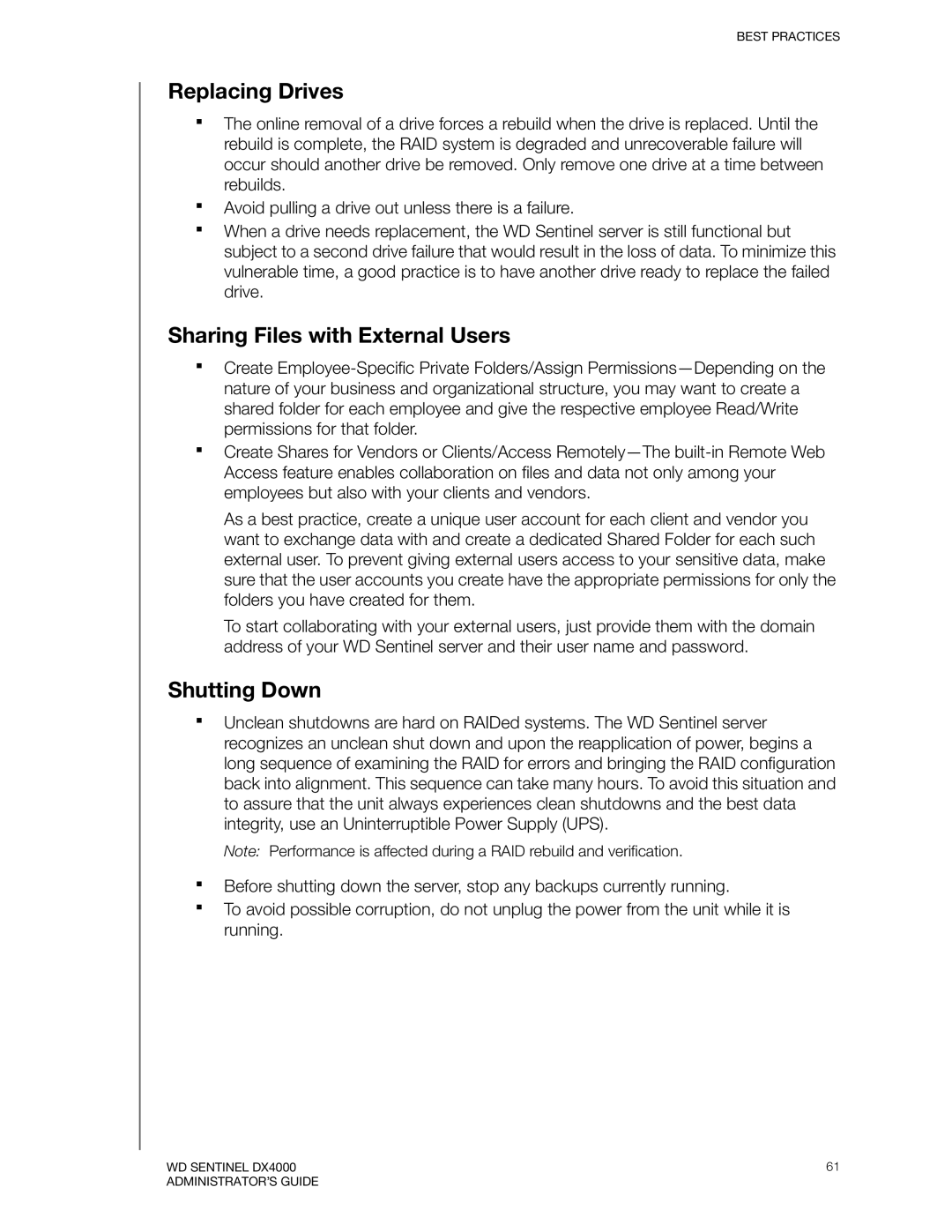 Western Digital WDBLGT0160KBK, WDBLGT0120KBK manual Replacing Drives, Sharing Files with External Users, Shutting Down 