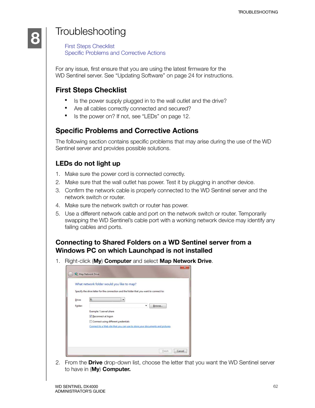 Western Digital WDBLGT0040KBK manual Troubleshooting, First Steps Checklist, Specific Problems and Corrective Actions 