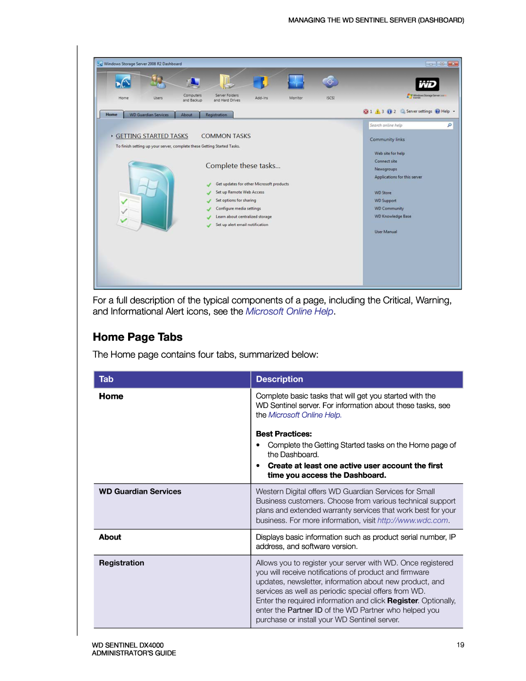 Western Digital WDBLGT0080KBK Home Page Tabs, Description, the Microsoft Online Help, Best Practices, WD Guardian Services 