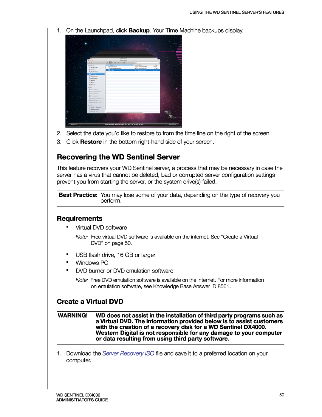 Western Digital WDBLGT0040KBK, WDBLGT0120KBK manual Recovering the WD Sentinel Server, Requirements, Create a Virtual DVD 