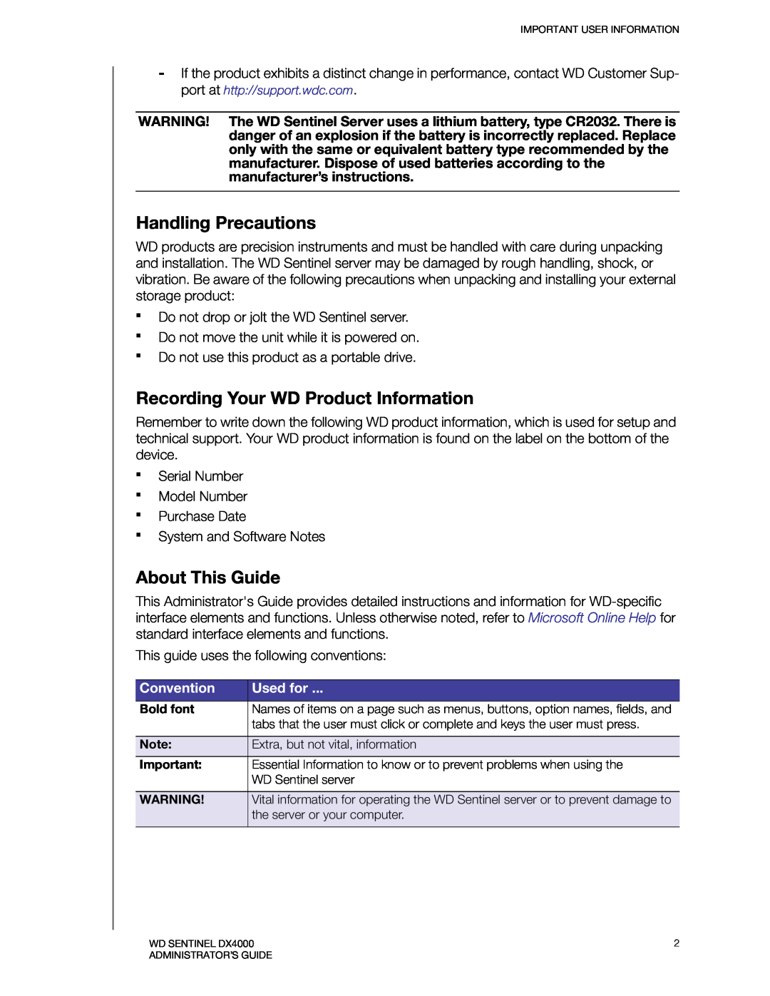Western Digital WDBLGT0040KBK Handling Precautions, Recording Your WD Product Information, About This Guide, Convention 