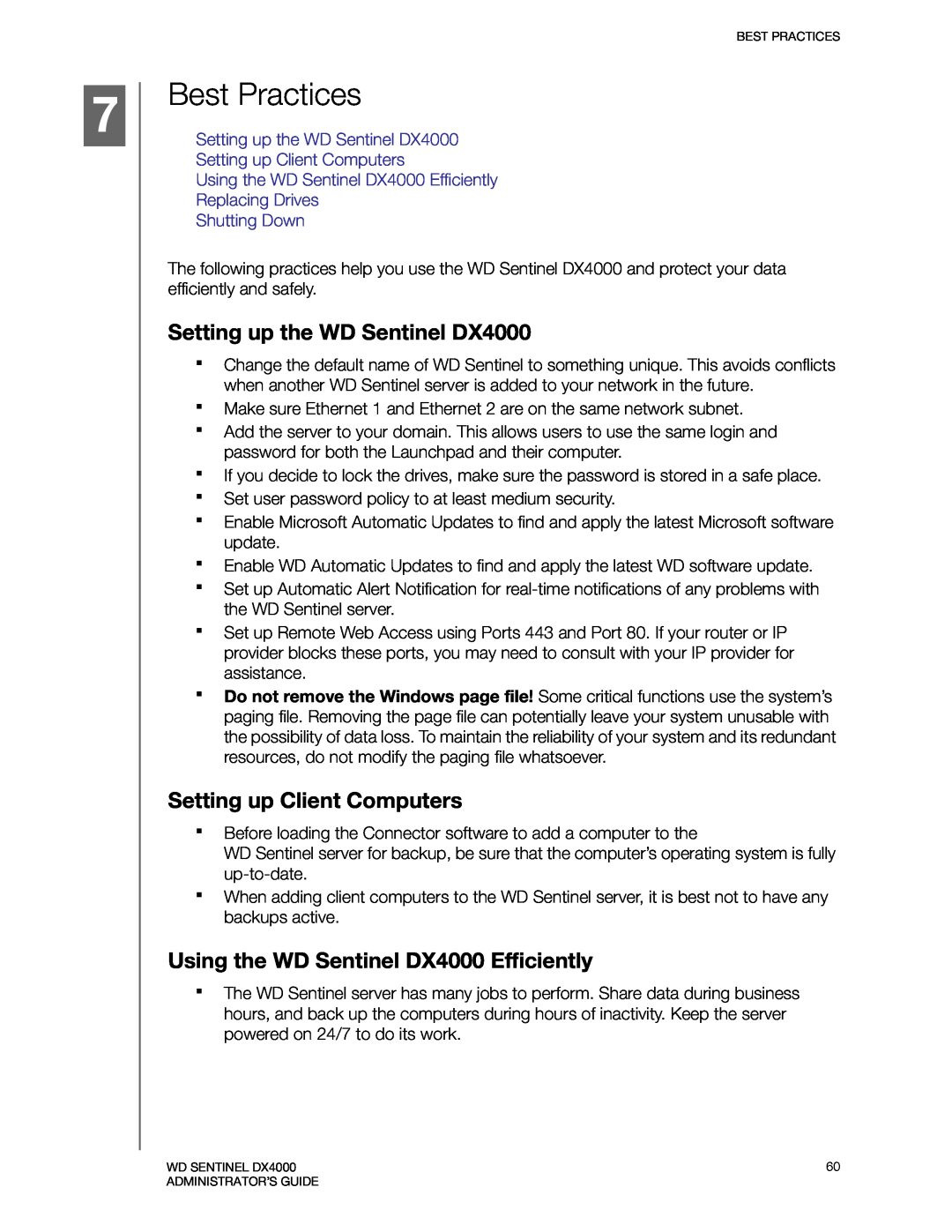 Western Digital WDBLGT0120KBK manual Best Practices, Setting up the WD Sentinel DX4000, Setting up Client Computers 