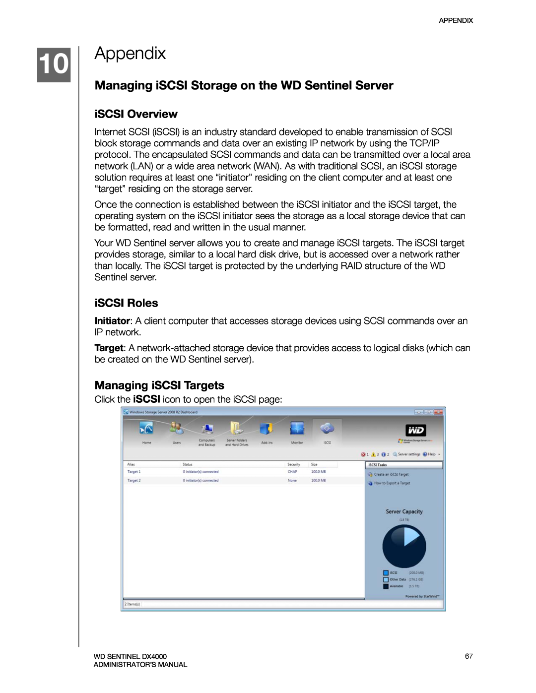 Western Digital WDBLGT0080KBK Appendix, Managing iSCSI Storage on the WD Sentinel Server, iSCSI Overview, iSCSI Roles 