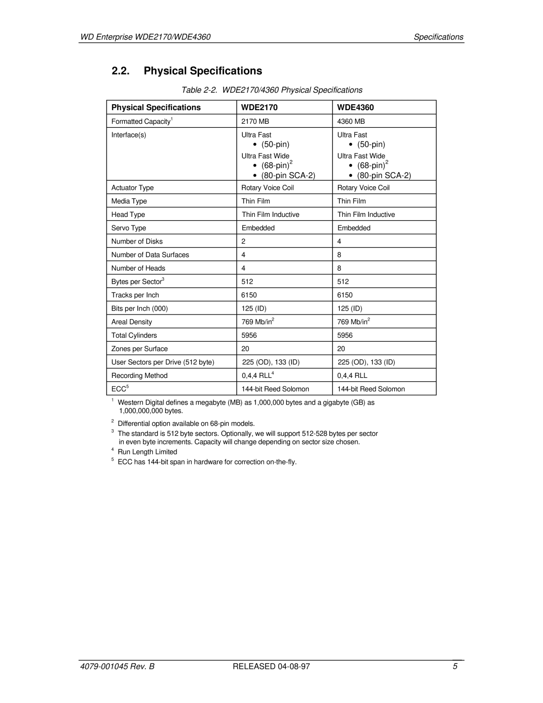 Western Digital WDE4360 manual Physical Specifications WDE2170 