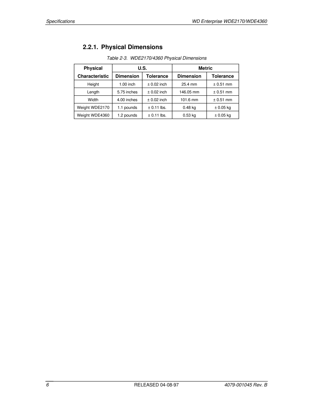 Western Digital WDE2170, WDE4360 manual Physical Dimensions, Physical Metric Characteristic Dimension Tolerance 