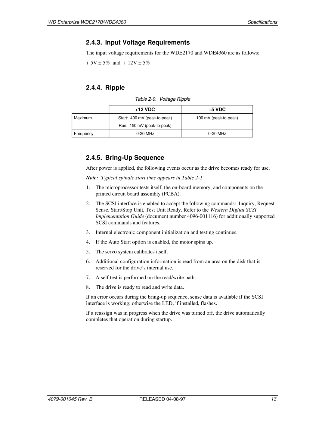 Western Digital WDE4360, WDE2170 manual Input Voltage Requirements, Ripple, Bring-Up Sequence, +12 VDC +5 VDC 