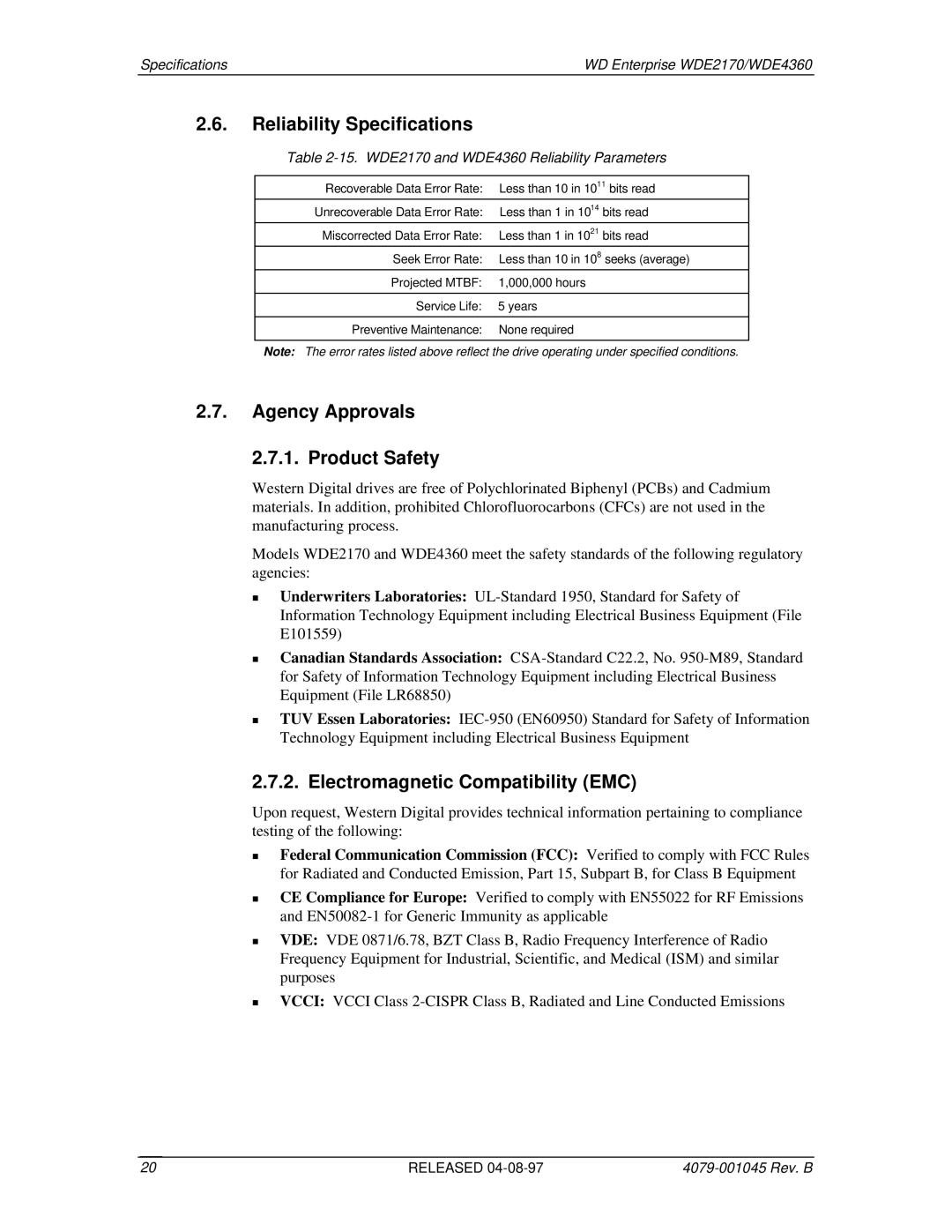 Western Digital WDE2170 Reliability Specifications, Agency Approvals Product Safety, Electromagnetic Compatibility EMC 