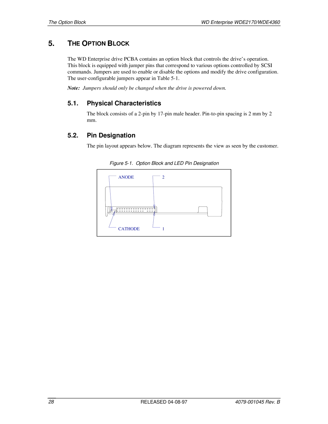 Western Digital WDE2170, WDE4360 manual Physical Characteristics, Pin Designation, Option Block 