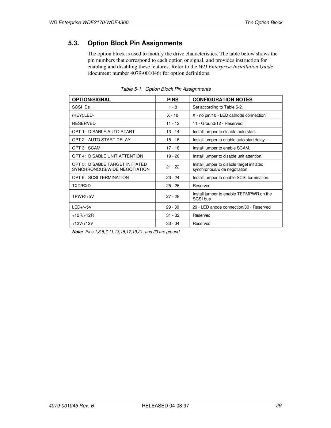 Western Digital WDE4360, WDE2170 manual Option Block Pin Assignments, OPTION/SIGNAL Pins Configuration Notes 