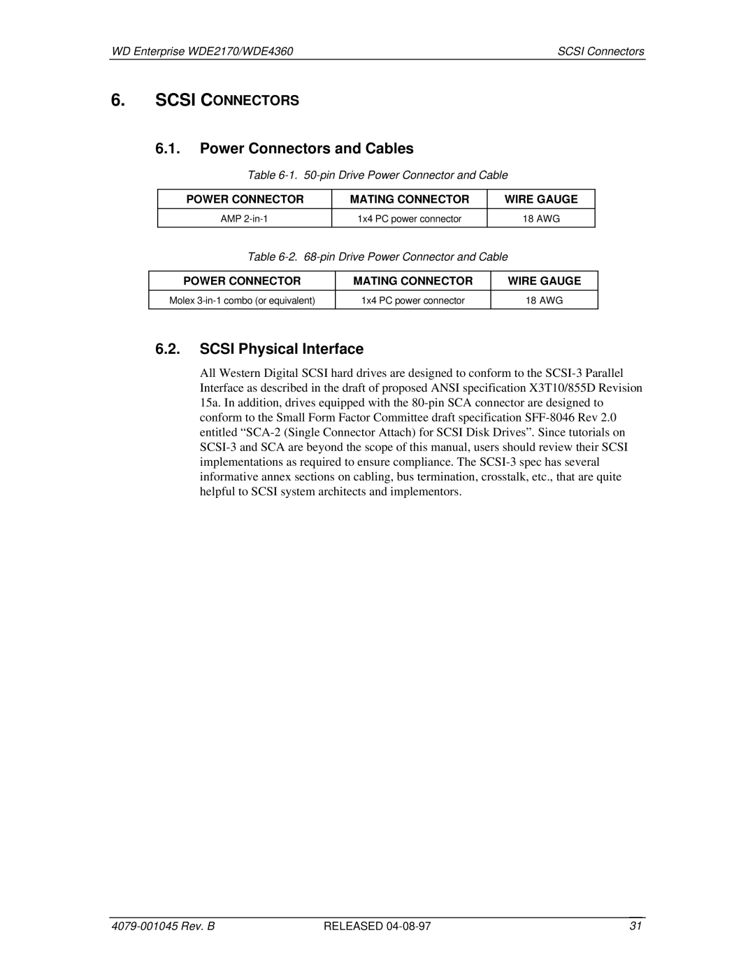 Western Digital WDE4360, WDE2170 manual Power Connectors and Cables, Scsi Physical Interface, Scsi Connectors 