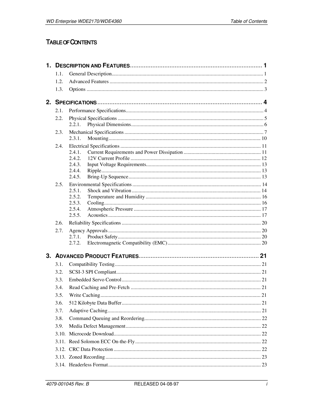 Western Digital WDE4360, WDE2170 manual Escription and F Eatures 