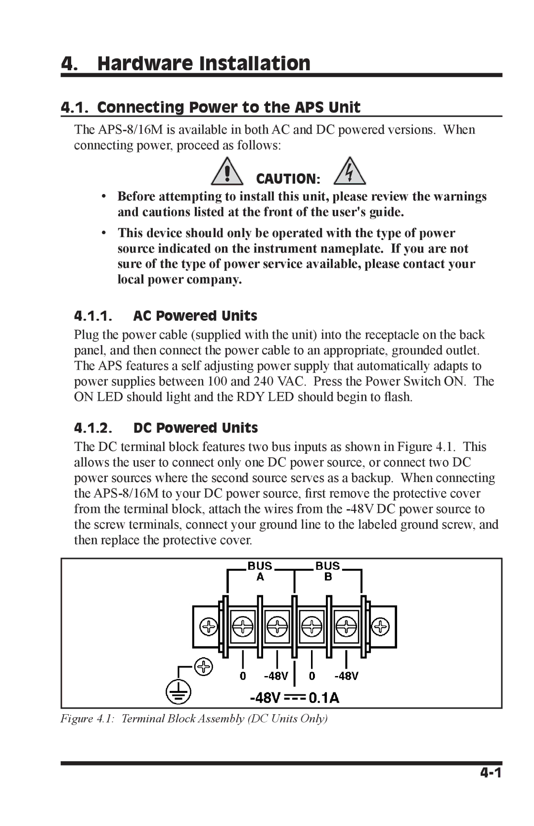 Western Telematic APS-16M Hardware Installation, Connecting Power to the APS Unit, AC Powered Units, DC Powered Units 