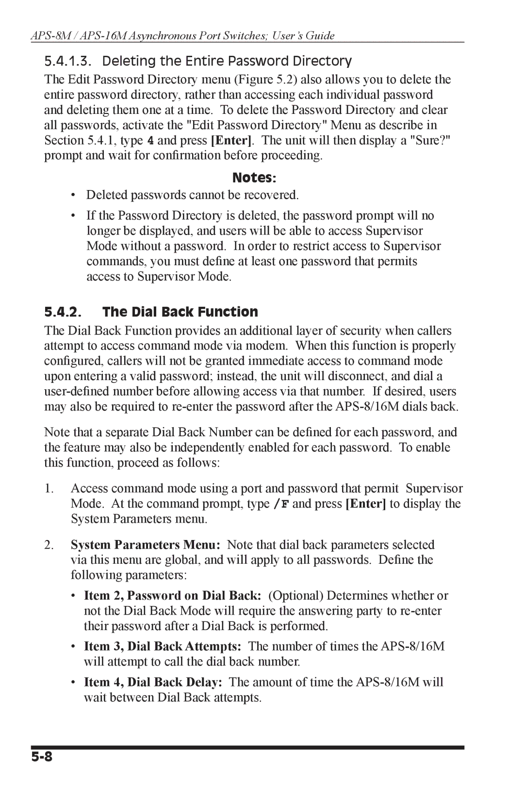 Western Telematic APS-8M, APS-16M manual Deleting the Entire Password Directory, Dial Back Function 