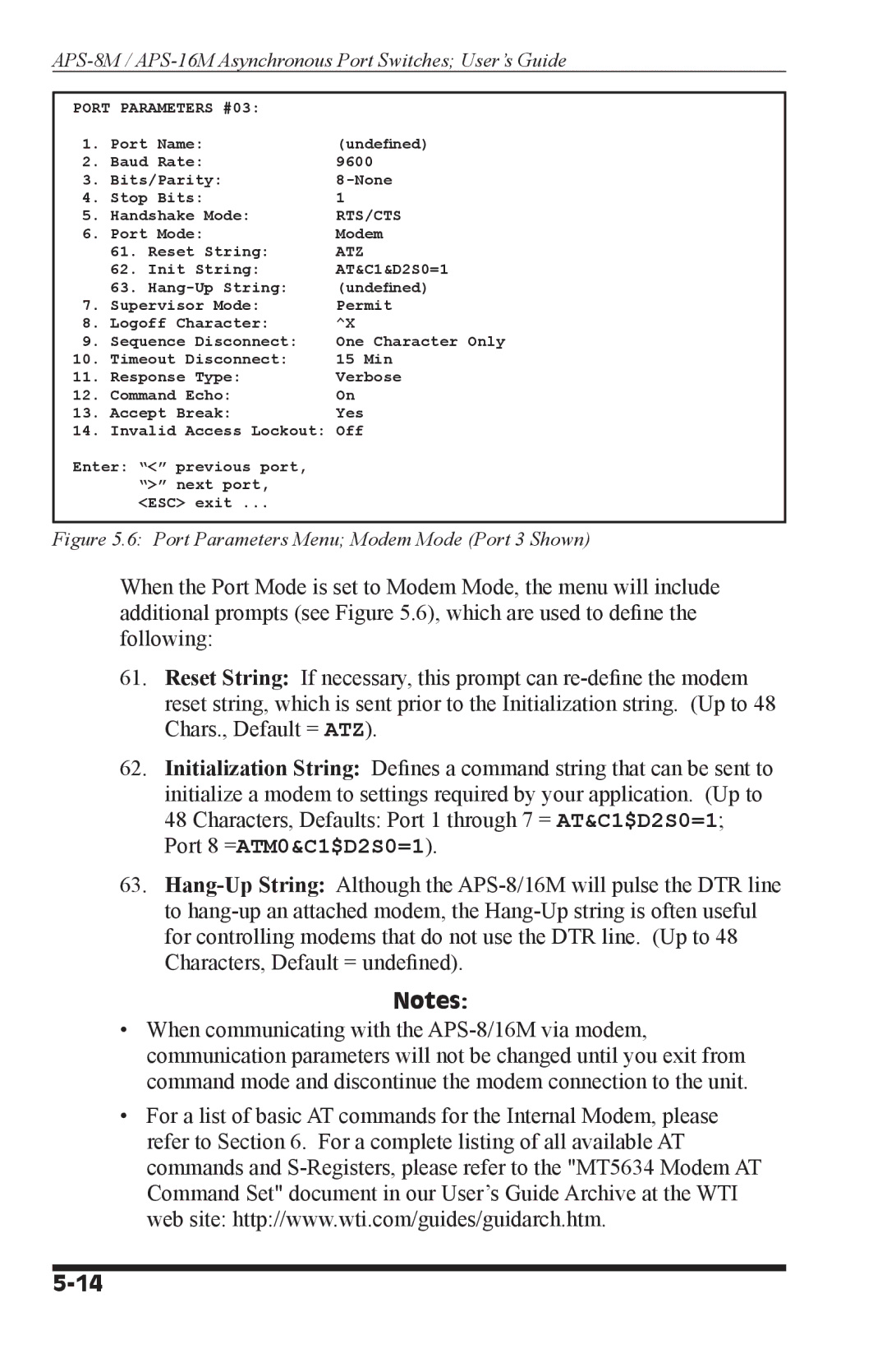 Western Telematic APS-8M, APS-16M manual Port Parameters Menu Modem Mode Port 3 Shown 