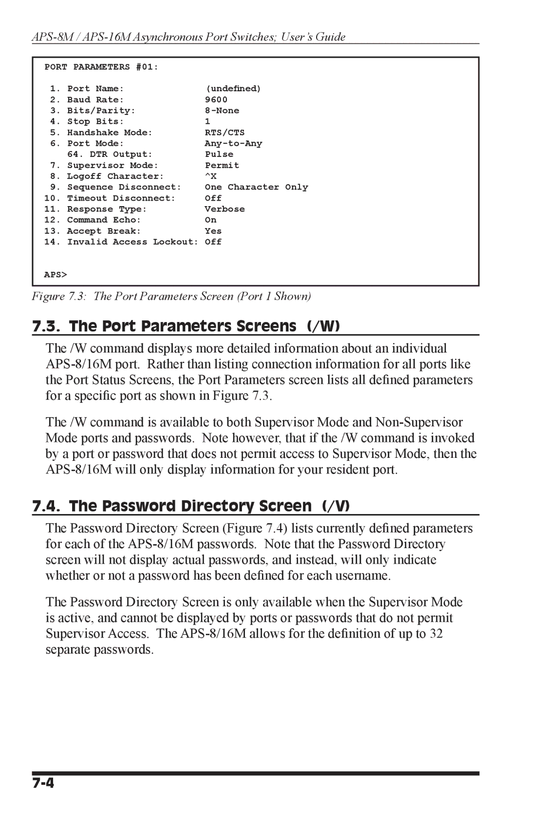 Western Telematic APS-8M, APS-16M manual Port Parameters Screens /W, Password Directory Screen /V 