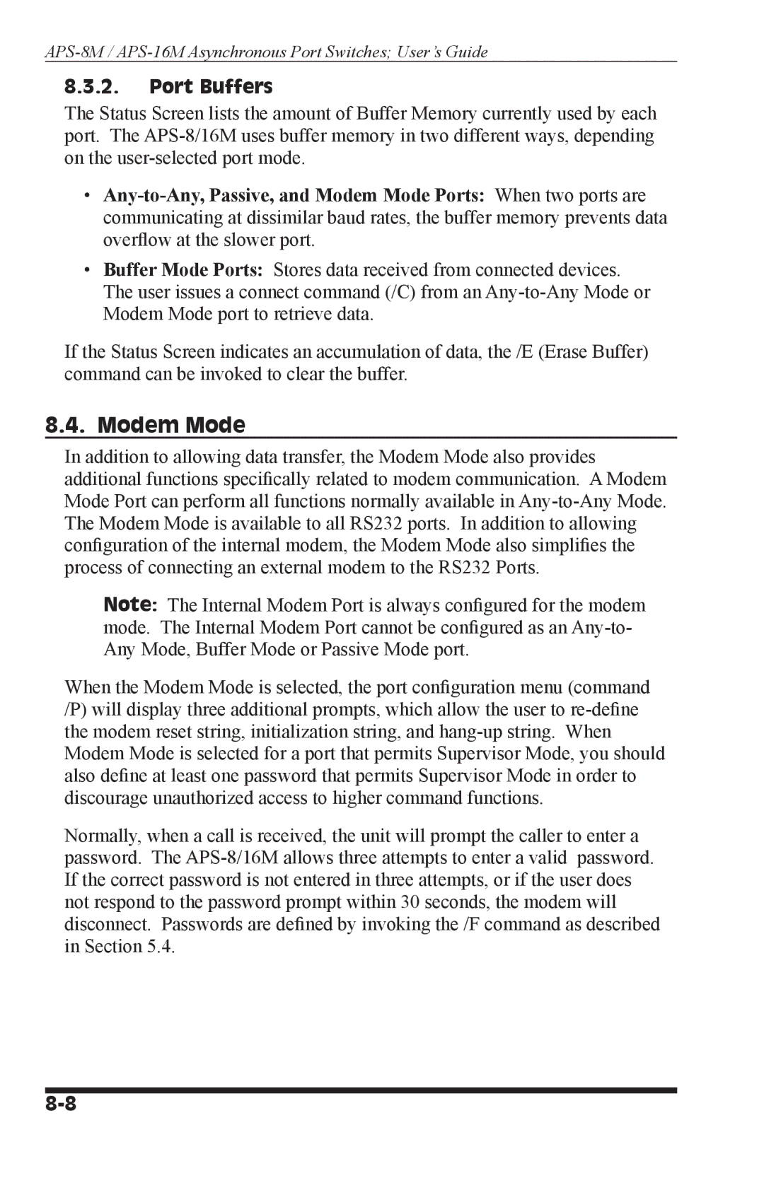 Western Telematic APS-8M, APS-16M manual Modem Mode, Port Buffers 