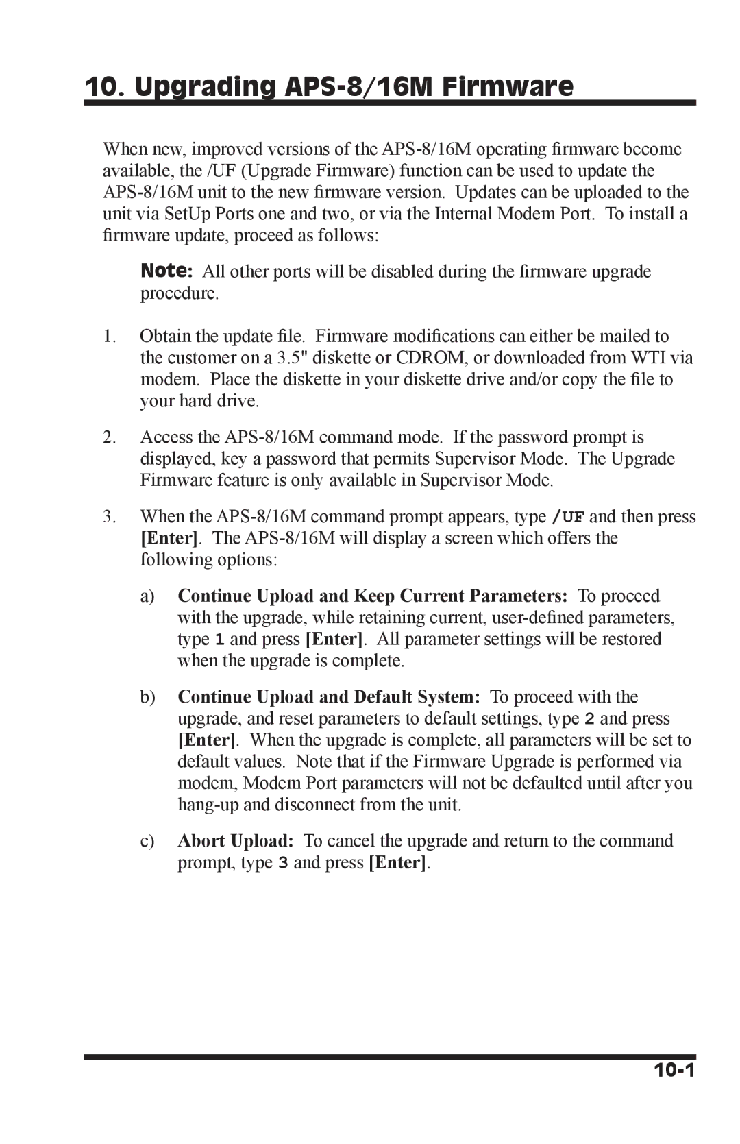 Western Telematic APS-16M, APS-8M manual Upgrading APS-8/16M Firmware, 10-1 