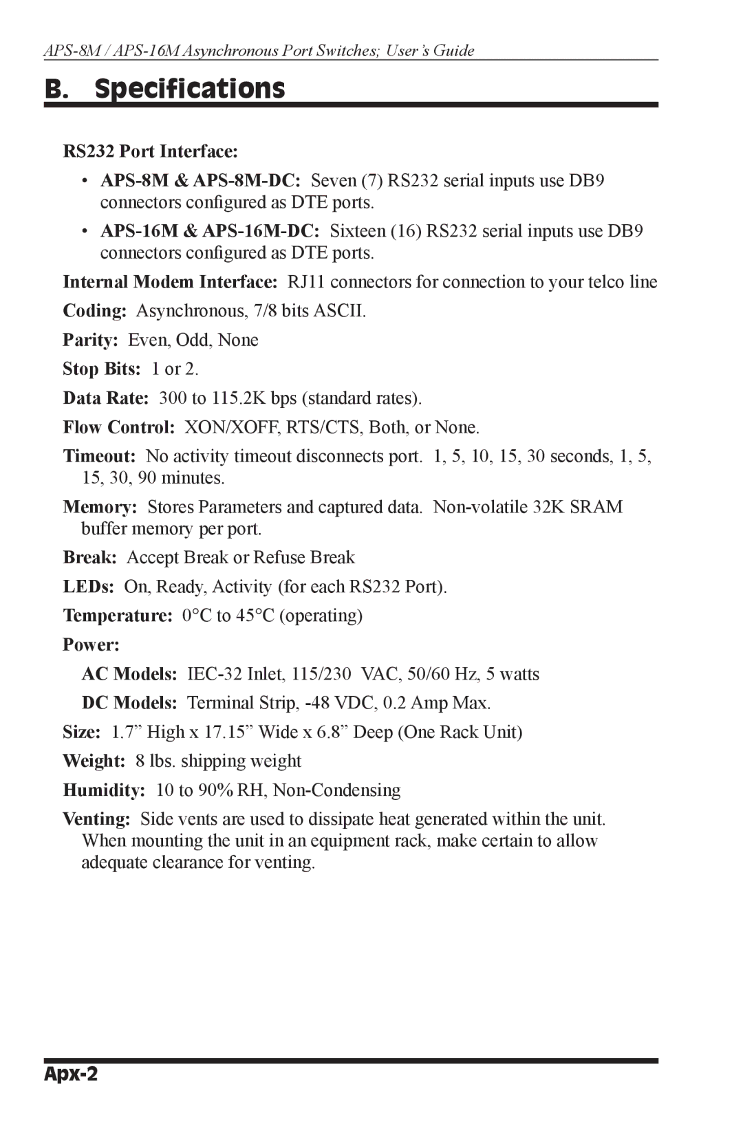 Western Telematic APS-8M, APS-16M manual Specifications, RS232 Port Interface, Stop Bits 1 or, Power, Apx-2 