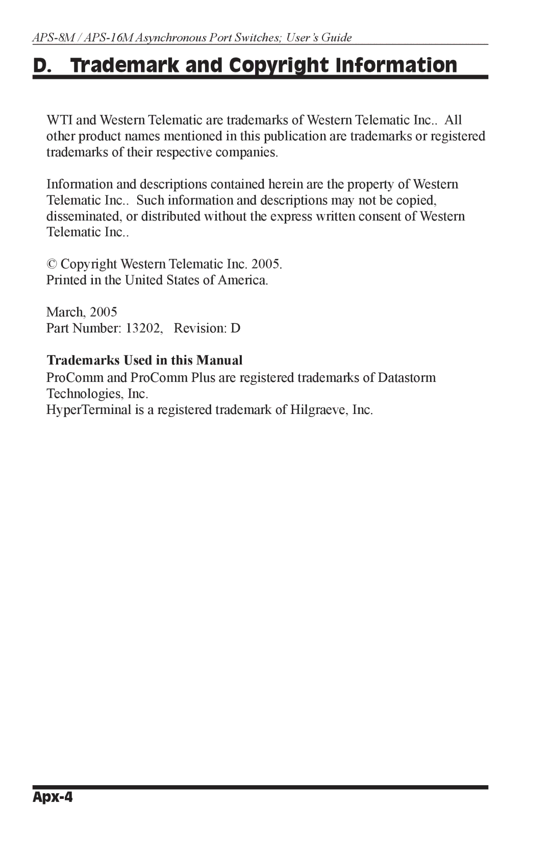 Western Telematic APS-8M, APS-16M manual Trademark and Copyright Information, Trademarks Used in this Manual, Apx-4 